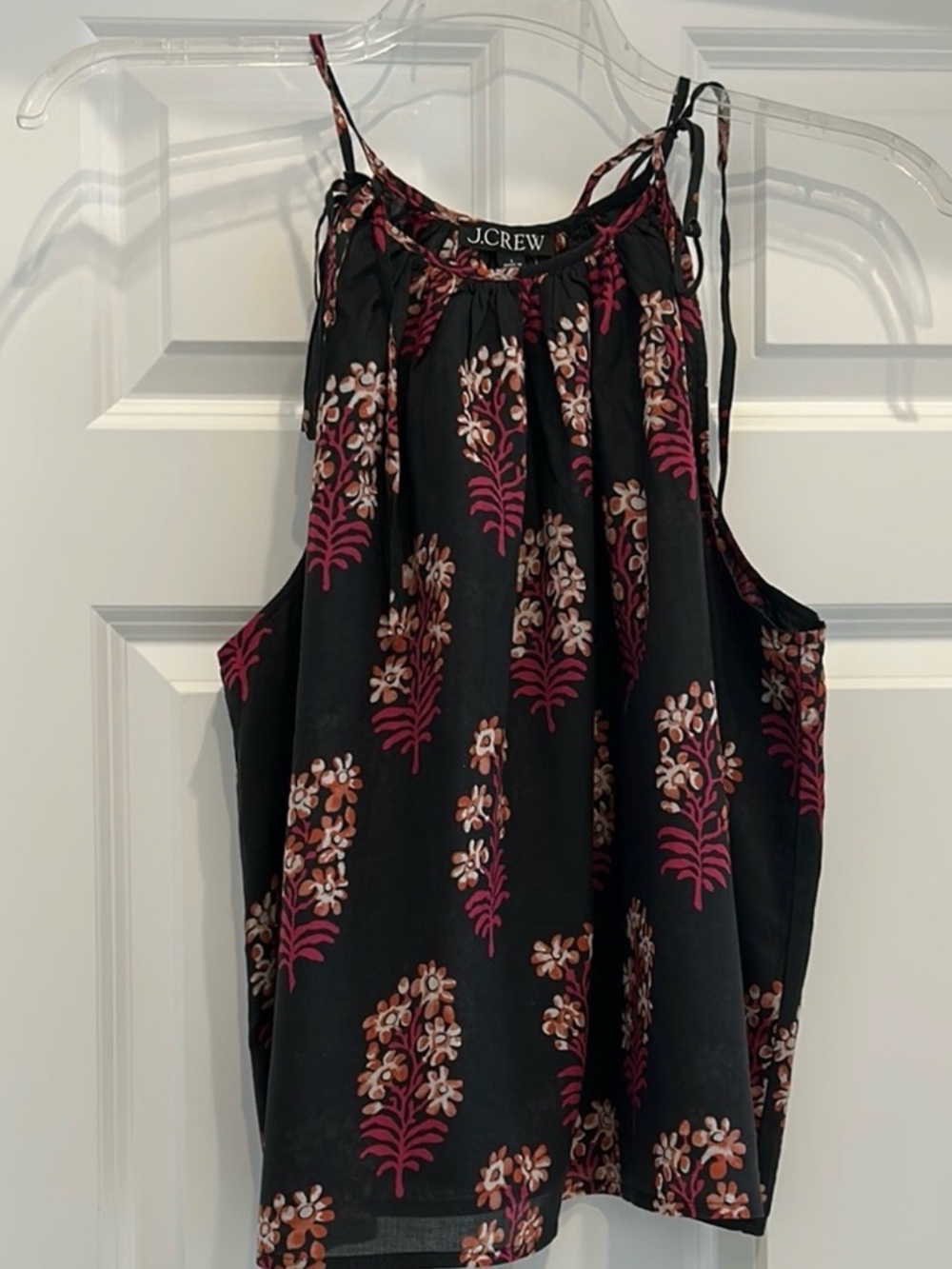 J. CREW NWT Tie-shoulder tank top in black block-print cotton size L